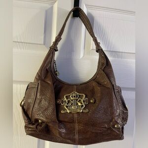 Kathy Van Zeeland Brown and Gold Shoulder Bag with Slouchy Silhouette